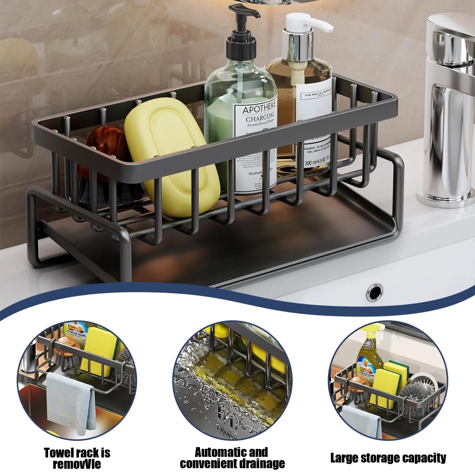 Kitchen Sink Sponge Holder with Divider Storage Organizer