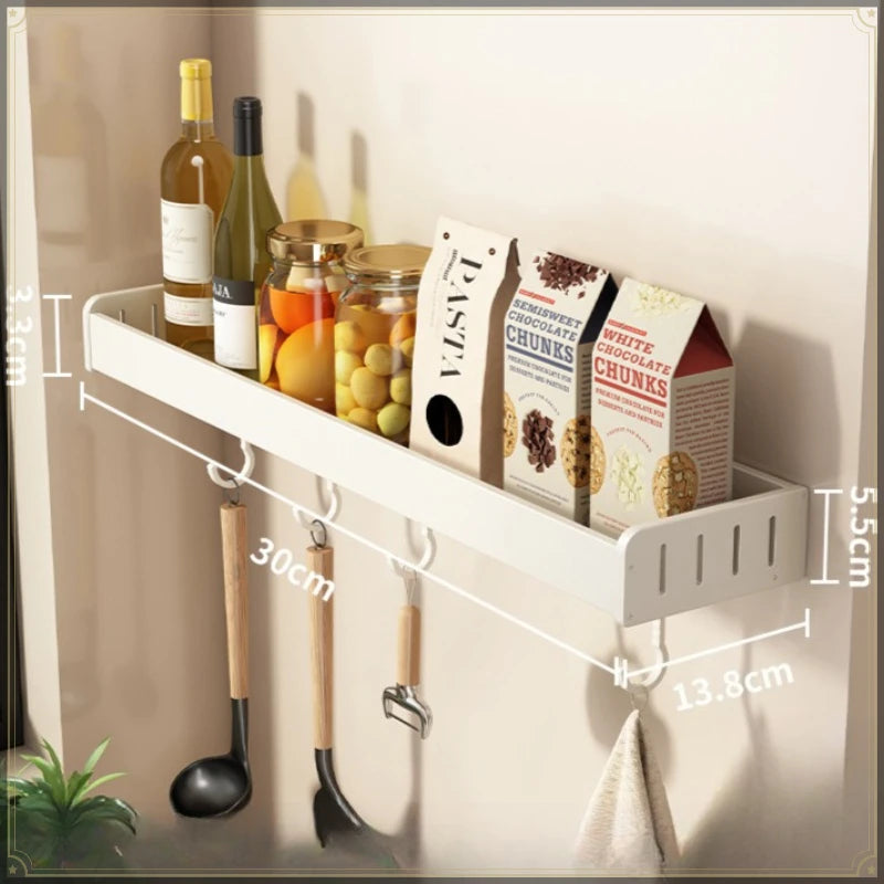 Wall-Mounted Aluminum Spice Rack with Hooks – No-Drill Kitchen Organizer