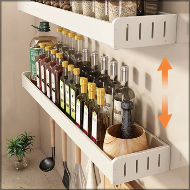 Wall-Mounted Aluminum Spice Rack with Hooks – No-Drill Kitchen Organizer