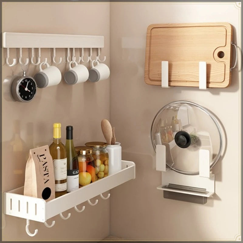 Wall-Mounted Aluminum Spice Rack with Hooks – No-Drill Kitchen Organizer