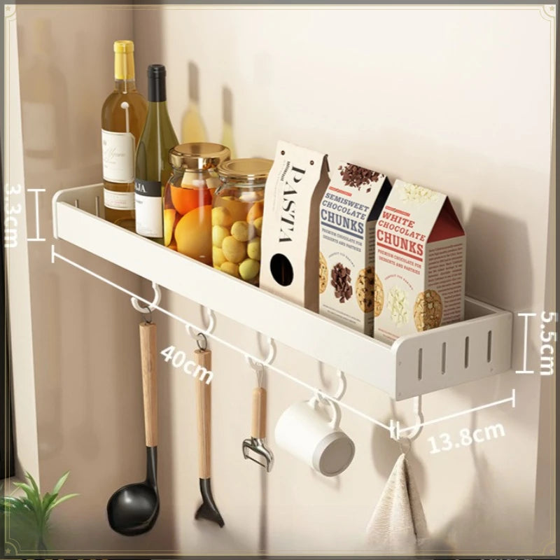 Wall-Mounted Aluminum Spice Rack with Hooks – No-Drill Kitchen Organizer
