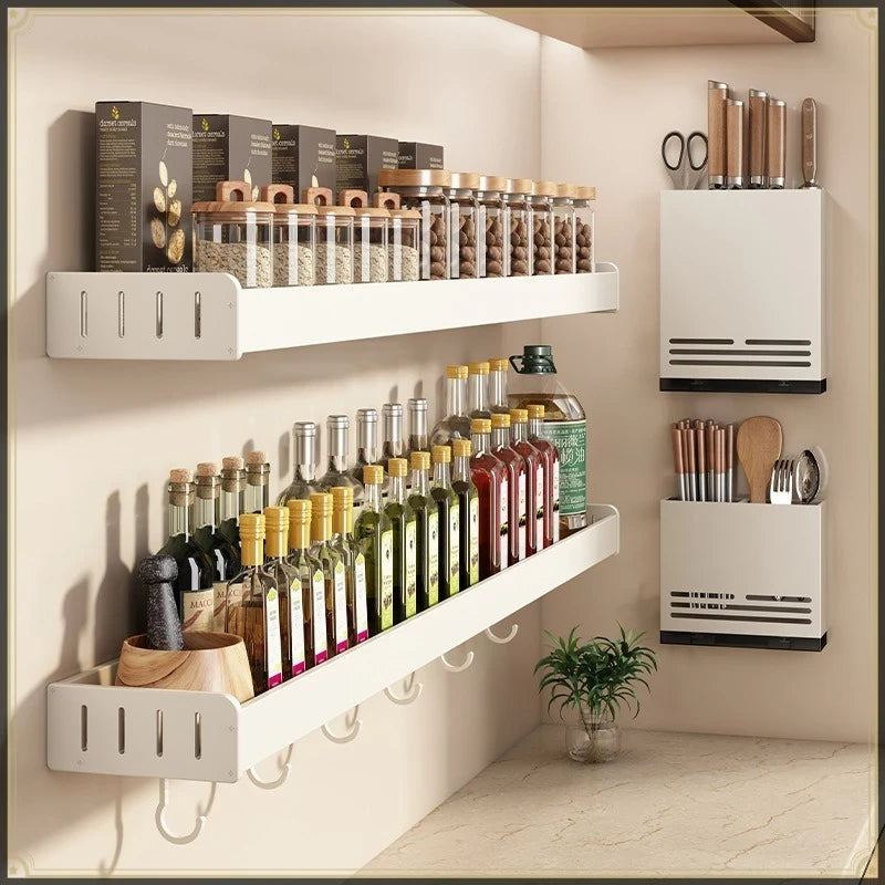 Wall-Mounted Aluminum Spice Rack with Hooks – No-Drill Kitchen Organizer