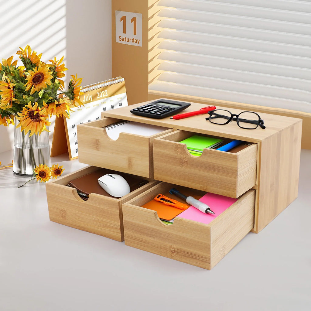 Bamboo Desk Organizer with 4 Drawers for Home & Office
