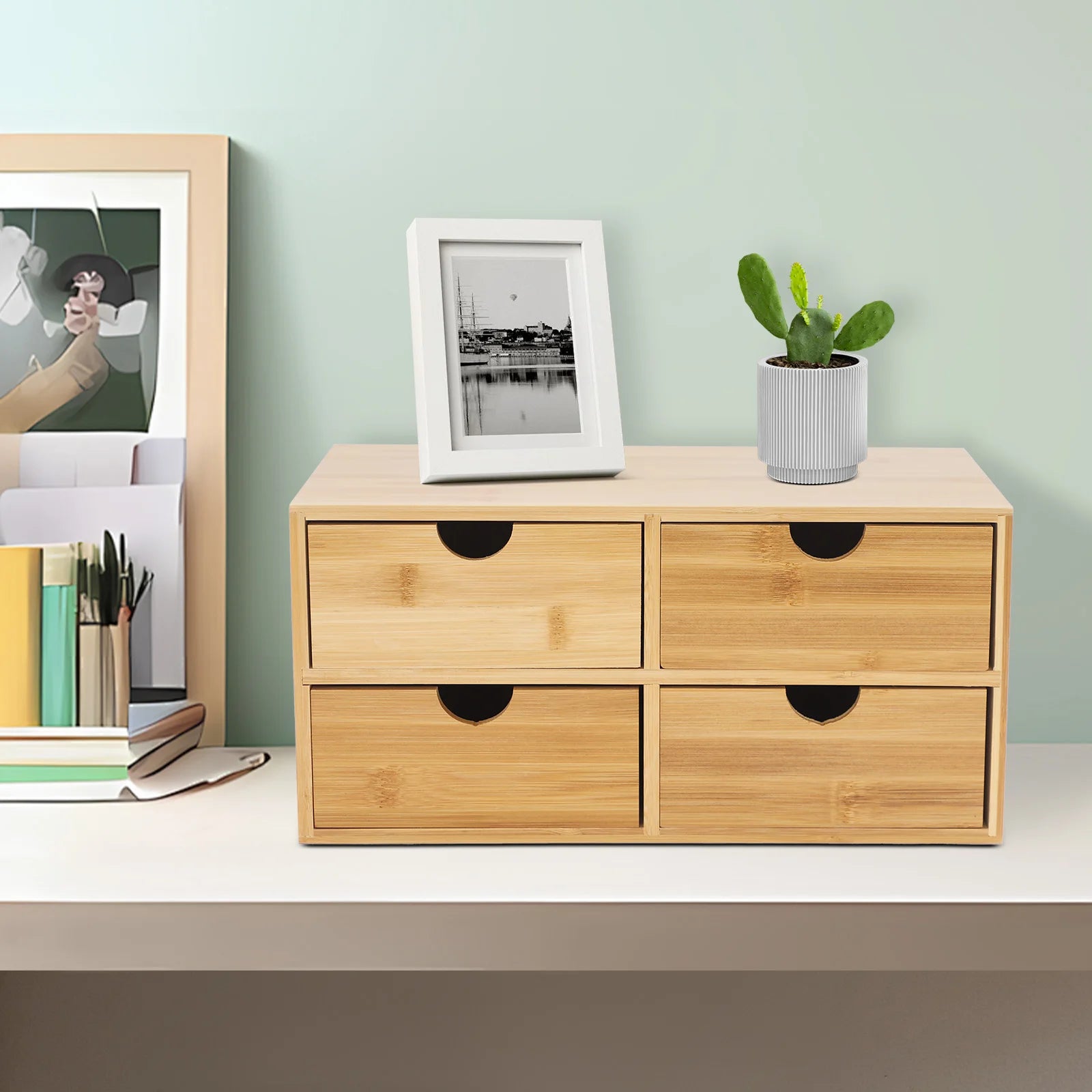 Bamboo Desk Organizer with 4 Drawers for Home & Office